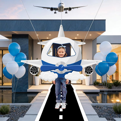 Airplane Shaped Photo Prop Selfie Frame Airplane Birthday Decoration Fabric Aircraft Backdrop Banner with Long Racetrack Floor Mat Plane Themed Background for Kids Baby Shower Birthday Party Supplies