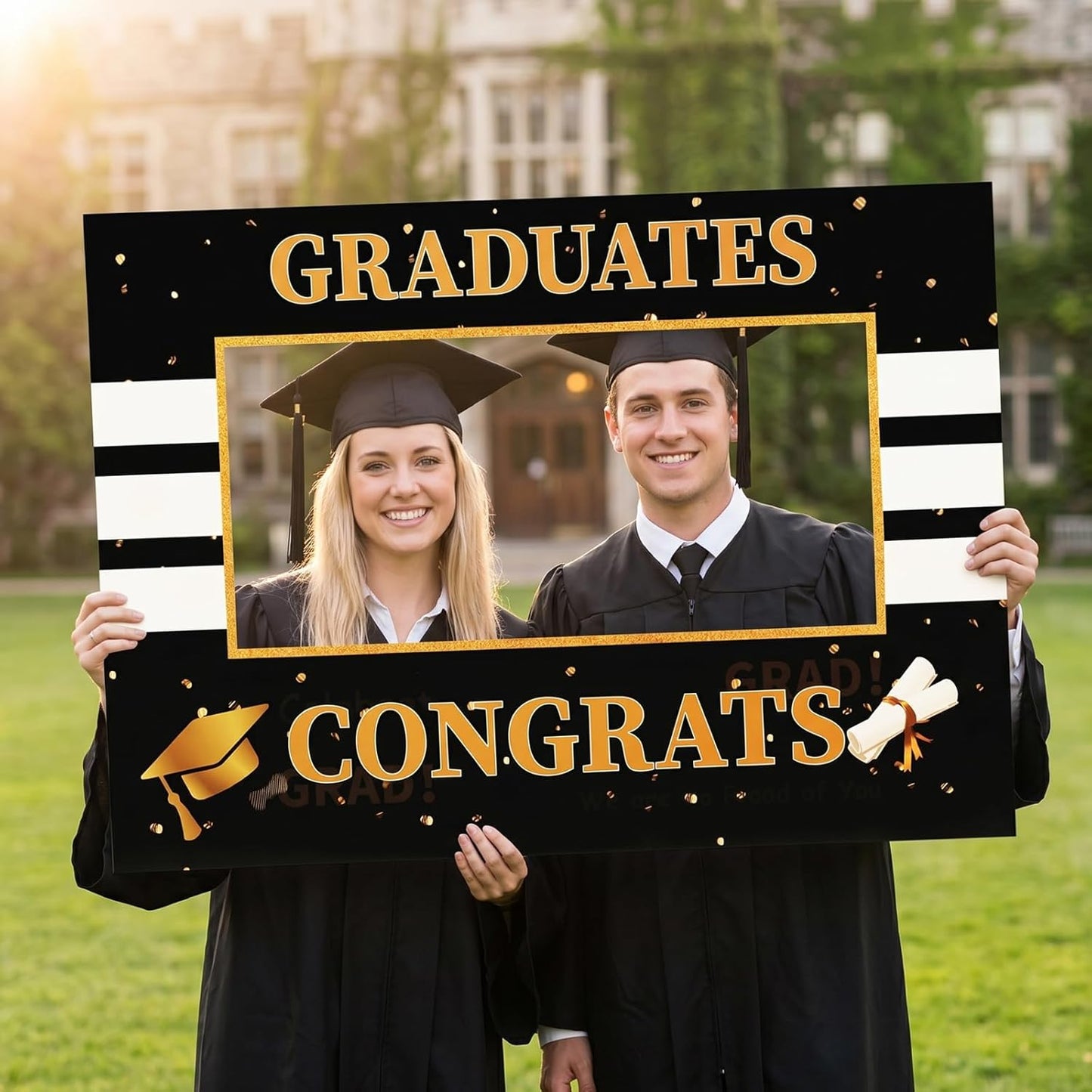 Class of 2026 Graduation Photo Booth Frame 26.8 x 18.9 Inch Black Gold Hollow Board Selfie Prop for High School College Grad Party Decor