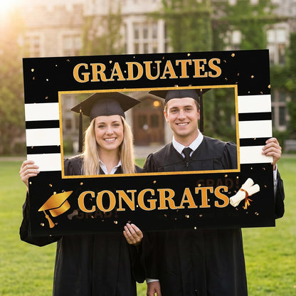 Class of 2026 Graduation Photo Booth Frame 26.8 x 18.9 Inch Black Gold Hollow Board Selfie Prop for High School College Grad Party Decor