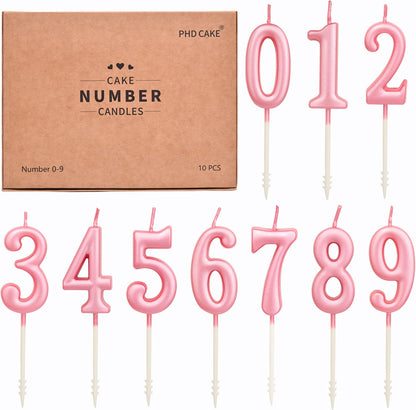 PHD CAKE 10-Pieces Pink Numeral Birthday Candles, Cake Numeral Candles Number 0-9 Glitter Cake Topper Decoration for Birthday,Wedding Anniversary,Party Celebration