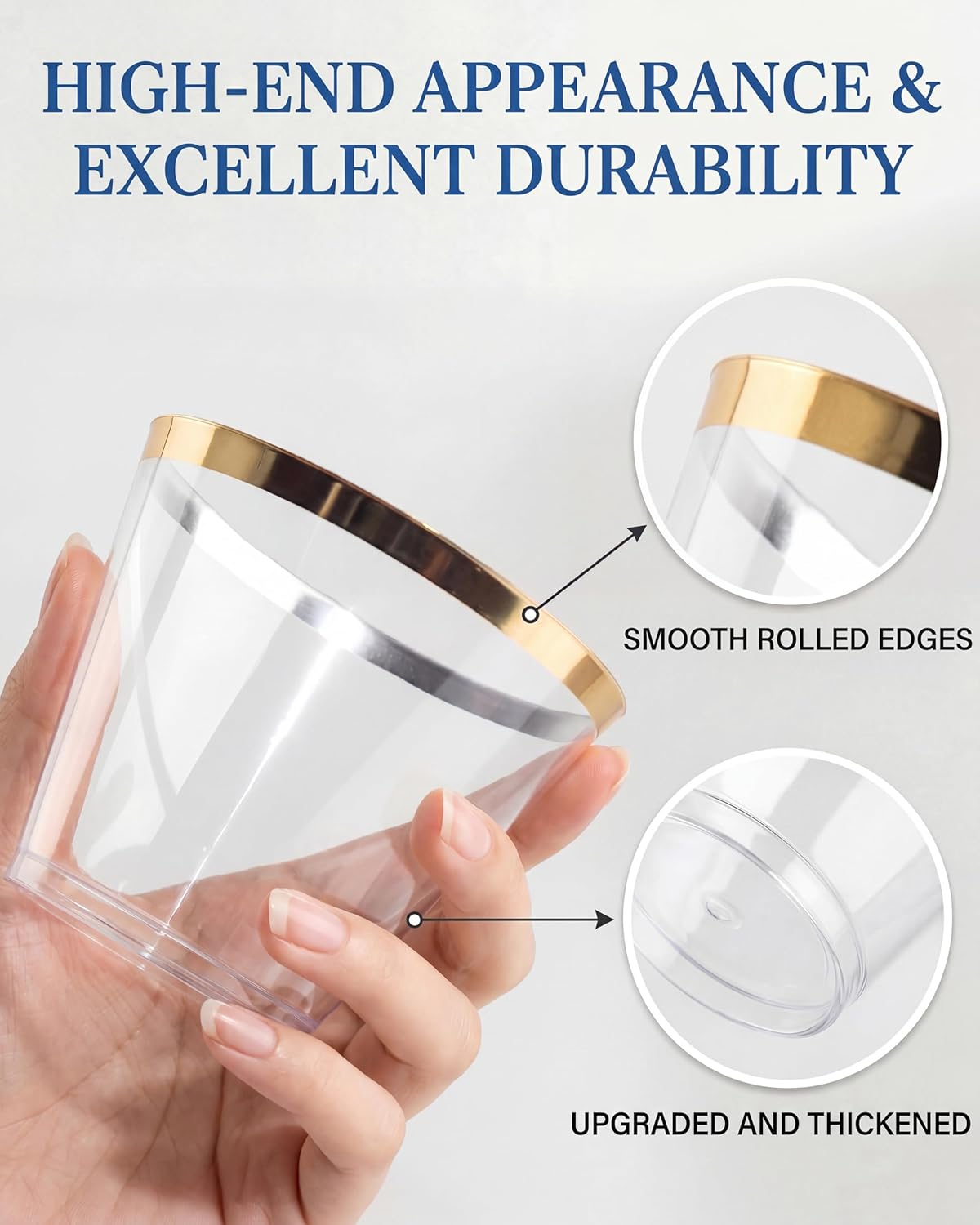 Nervure 120PCS Gold Plastic Cups - 9Oz Gold Rimmed Plastic Cups - Heavy Duty Disposable Clear Cup with Gold Rim Perfect for Weddings, Receptions & Parties