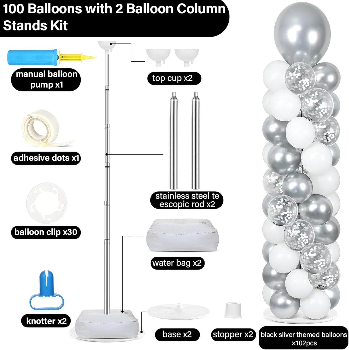 2 Set Black and Gold Balloons Column Stand Kit with 100 Balloons Adjustable Balloon Stand with Bases for Floor Black Gold Confetti Balloon Column Kit for Bridal Shower Valentine Birthday Party Decor