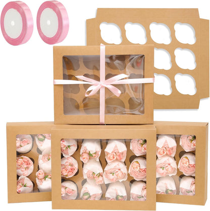 qiqee Auto-pop Up Cupcake Boxes with Window White 40PCS 12 Count Cupcake Box 13"x10"x3.5" Cupcakes Carrier, 12 Cupcake Containers with 2 rolls of pink ribbons