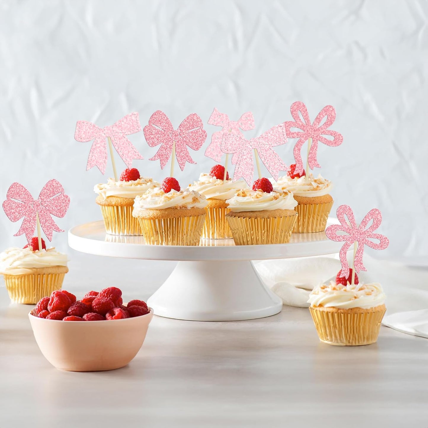 Ephlyn 24Pcs Pink Bow Cupcake Toppers Bow Birthday Cake Topper Girls Birthday Party Decorations Bowknot Cupcake Decorations for Bridal Wedding Themed Party Multi