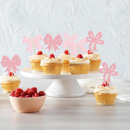 Ephlyn 24Pcs Pink Bow Cupcake Toppers Bow Birthday Cake Topper Girls Birthday Party Decorations Bowknot Cupcake Decorations for Bridal Wedding Themed Party Multi