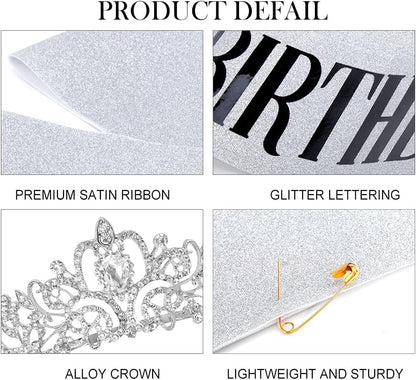 COCIDE Birthday Queen Sash & Rhinestone Tiara Set Gold Happy Birthday Crowns for Women Party Decoration Kit Rhinestone Headband for Women Glitter Crystal Hair Accessories for Cake Topper