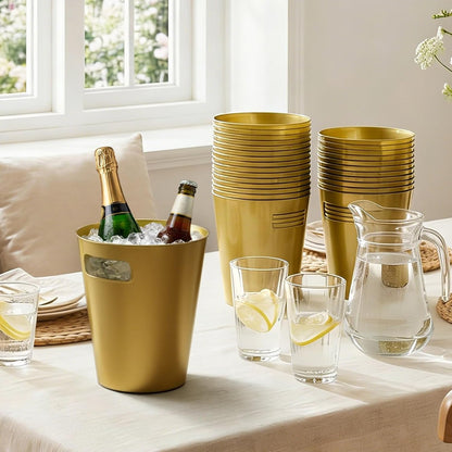 meekoo 32 Pack Gold Ice Buckets for Parties, 3l Plastic Beverage Bucket with Handle, Large Drink Tub Cooler for Champagne, Wine, Beer, and Soda, Beverage Tubs for Wedding, Bar, Table Display