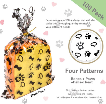 100 Pcs Star Printed 5"X 7" Gift Wrap Cello Cellophane Treat Bags Party Favor bags Clear Candy Cookie Bag Plastic Poly Goodie Storage Bag with Twist Ties for Bakery,Birthday, Wedding ,Party Decorations (Gold)