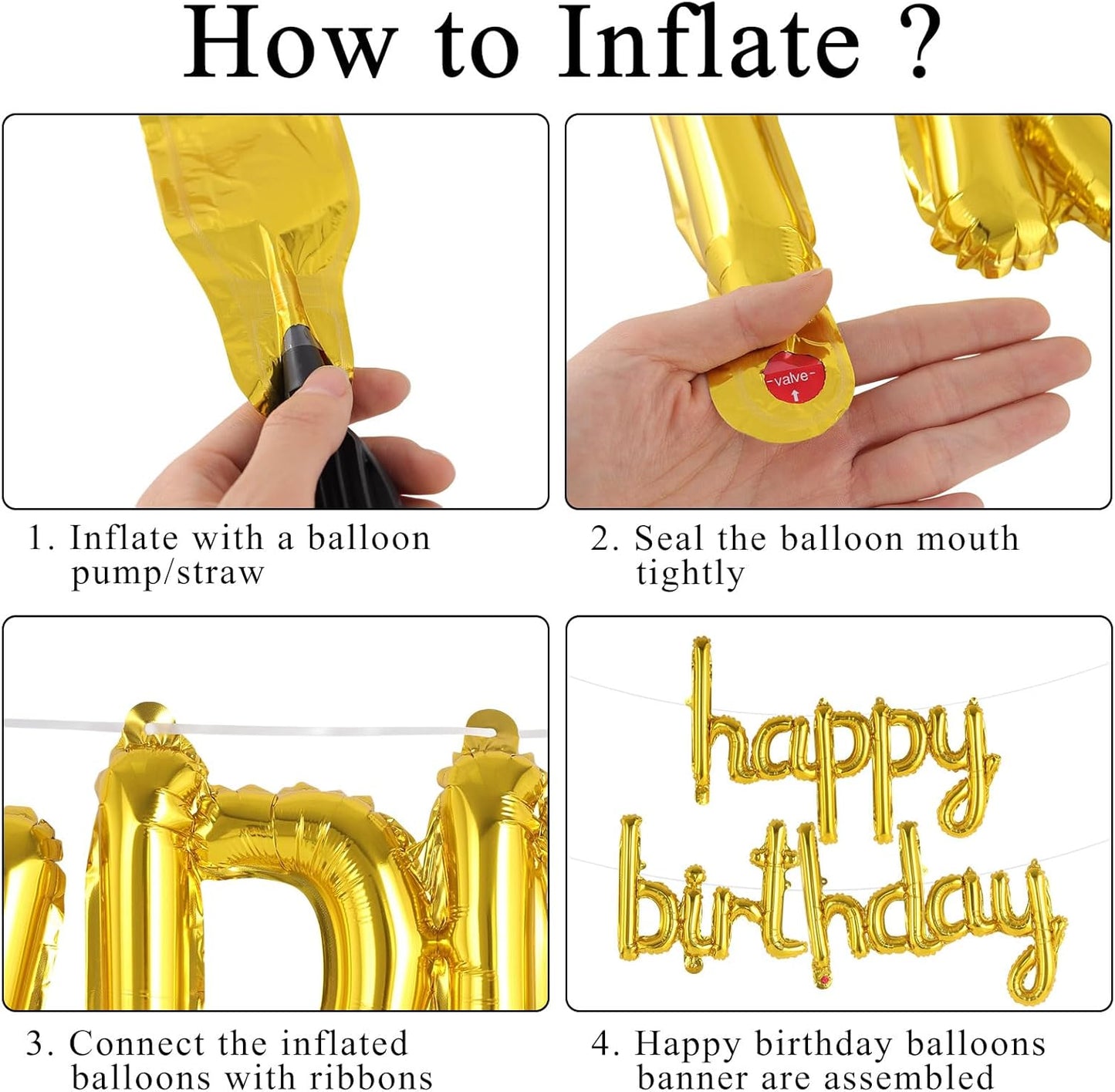 Happy Birthday Balloons Banner Foil Letters Balloons Connected, Personalized Birthday Signs for Women Men Boys Girls Birthday Party Decorations, Small Gold