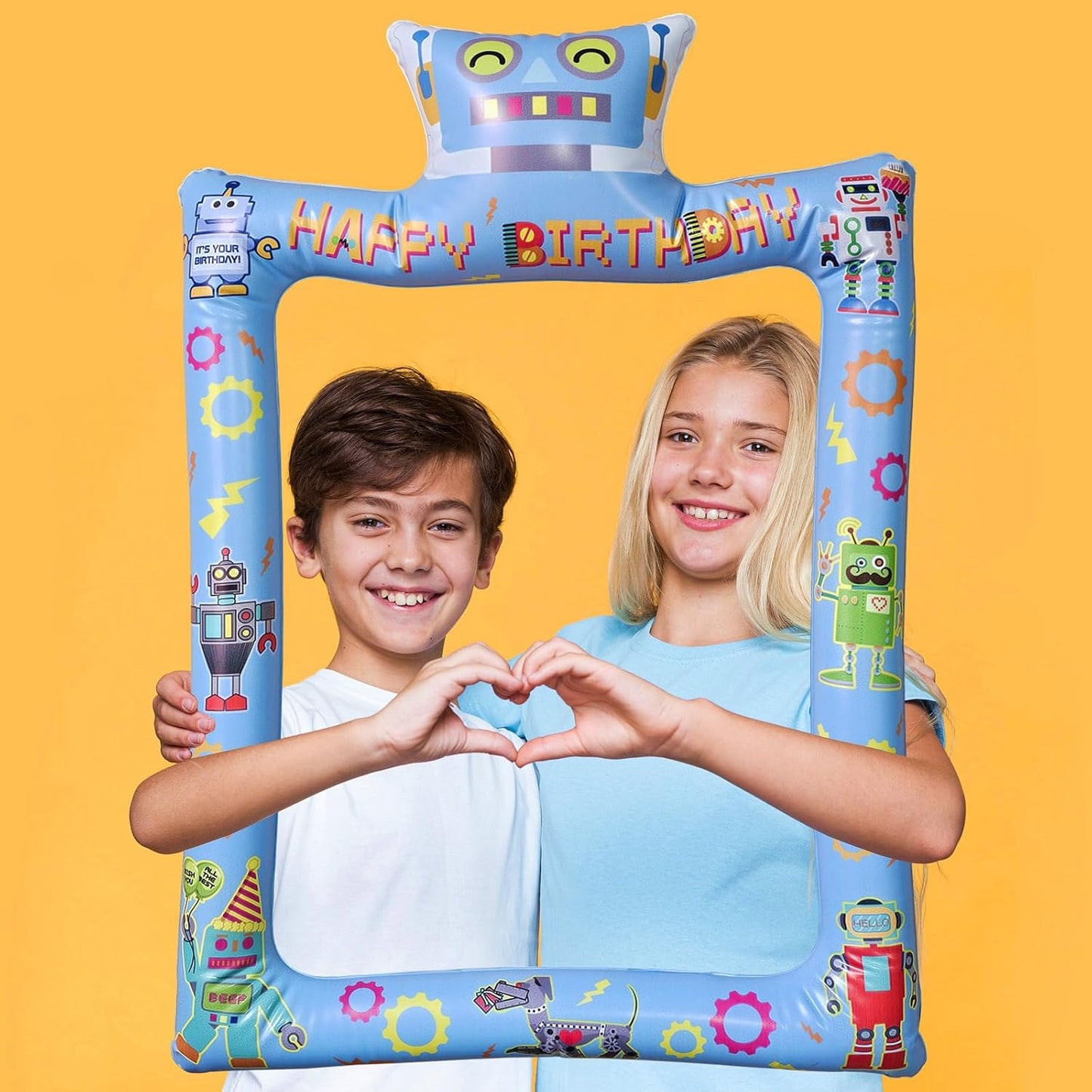 Fun Robot Themed Happy Birthday Inflatable Selfie Photo Frame Props for Pictures & Decors Robot Party Blow Up Picture Frame Decors for Tech-Loving Birthday Party Supplies