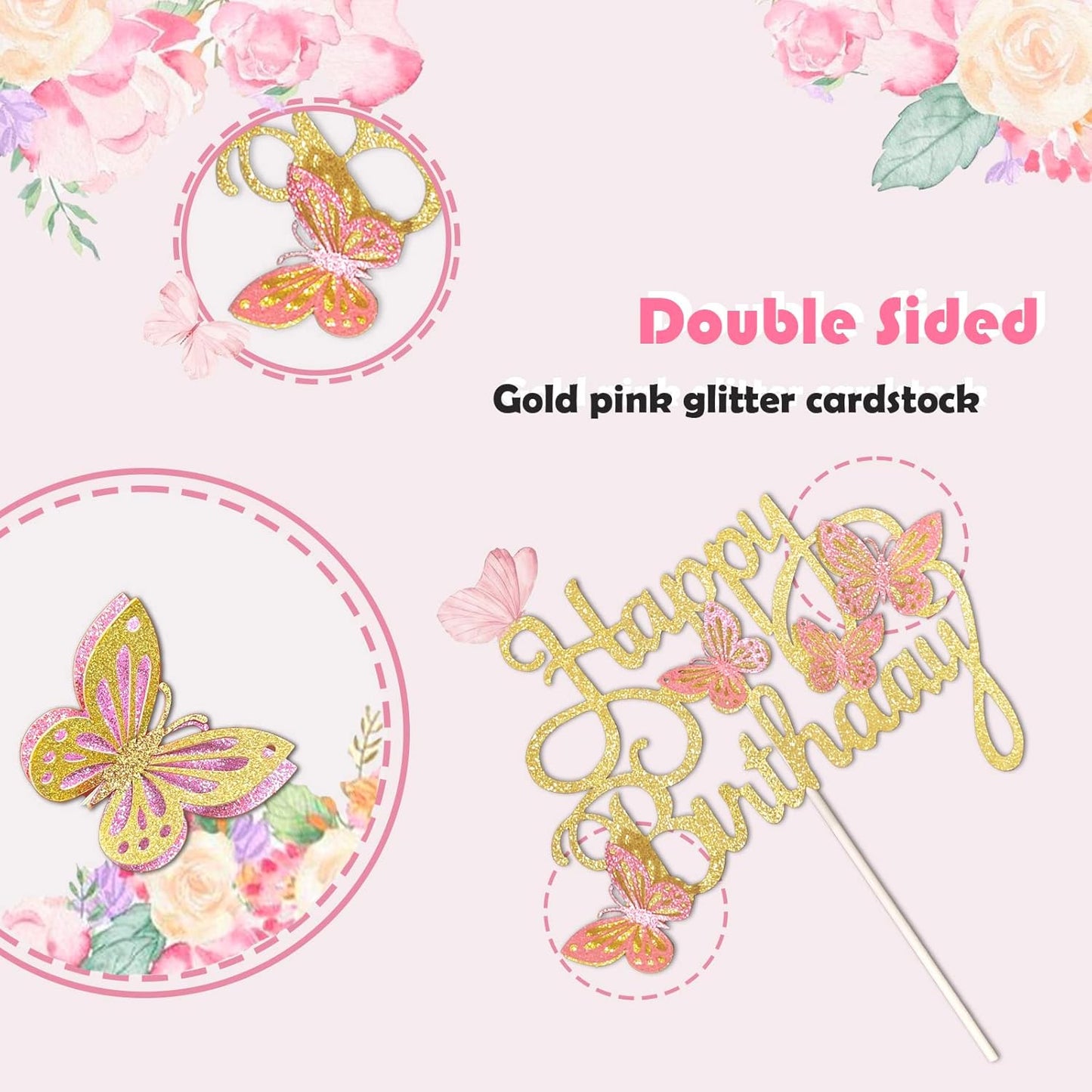 13-Pieces 3D Butterfly Cupcake Topper for Girls Women's Happy Birthday Cake Decorations Party Decorations(Pink)