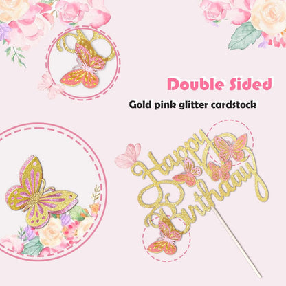 13-Pieces 3D Butterfly Cupcake Topper for Girls Women's Happy Birthday Cake Decorations Party Decorations(Pink)