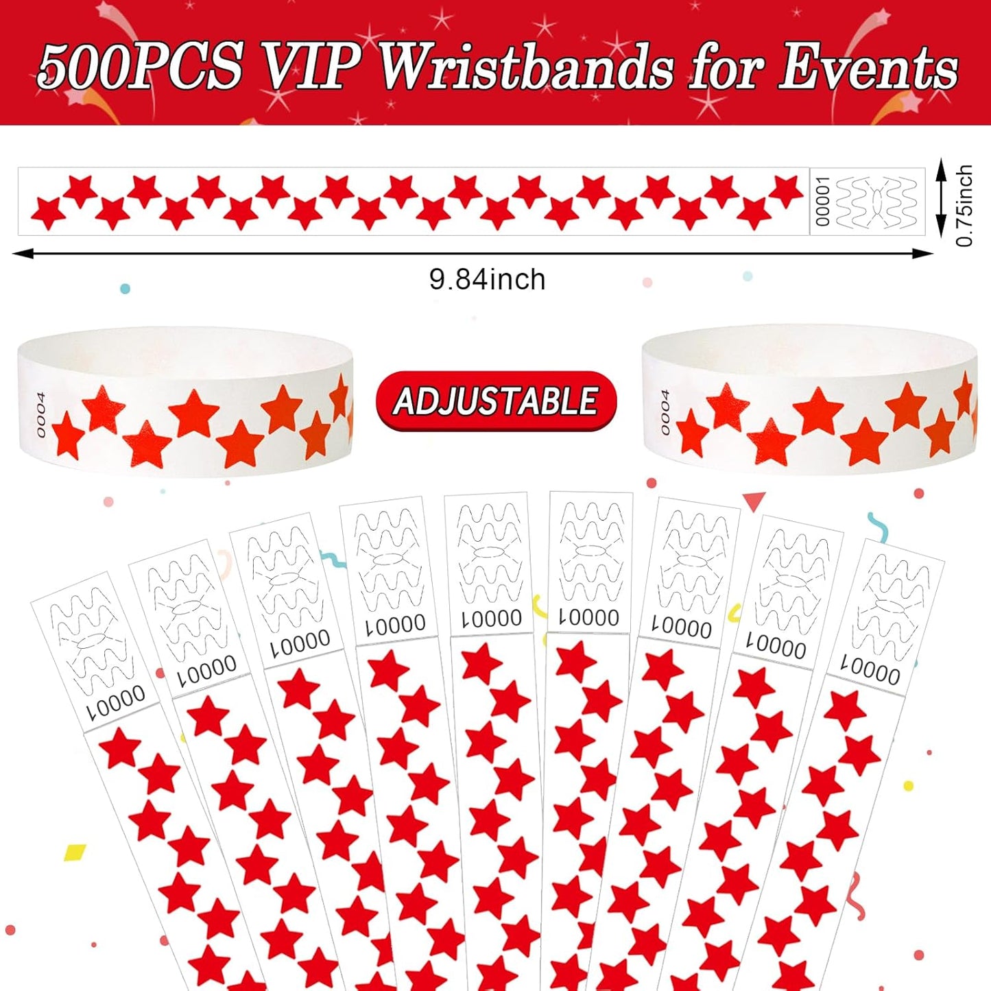 500 Pcs Stars Paper Wrist Bands for Events Waterproof Wristbands Lightweight Festival Identification Bracelets Neon Adhesive Event Arm Bands for Party（Red）