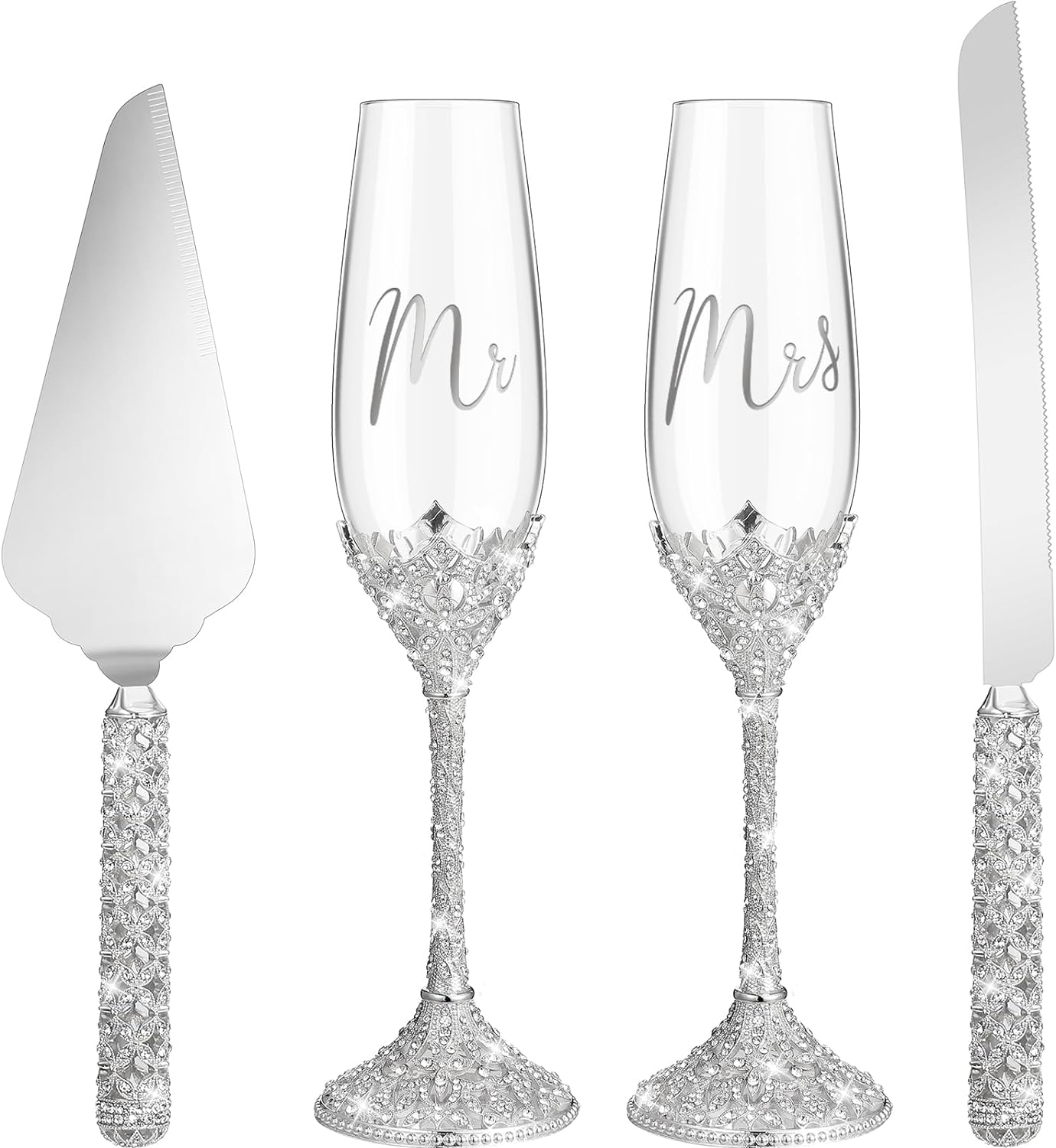 Sratte 4 Pcs Wedding Cake Knife and Champagne Flutes Server Set, Toasting Crystal Rhinestone Champagne Flutes Glasses Cake Knife Pie Server Wedding Gifts for Couple Bride Groom(Gold)
