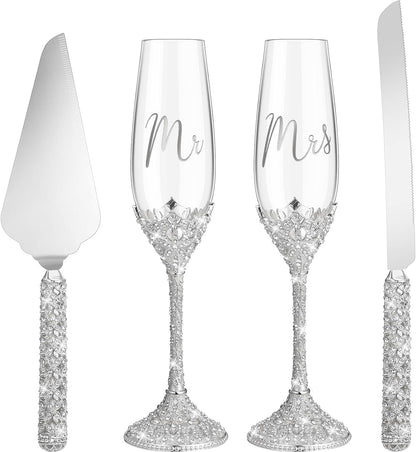 Sratte 4 Pcs Wedding Cake Knife and Champagne Flutes Server Set, Toasting Crystal Rhinestone Champagne Flutes Glasses Cake Knife Pie Server Wedding Gifts for Couple Bride Groom(Gold)