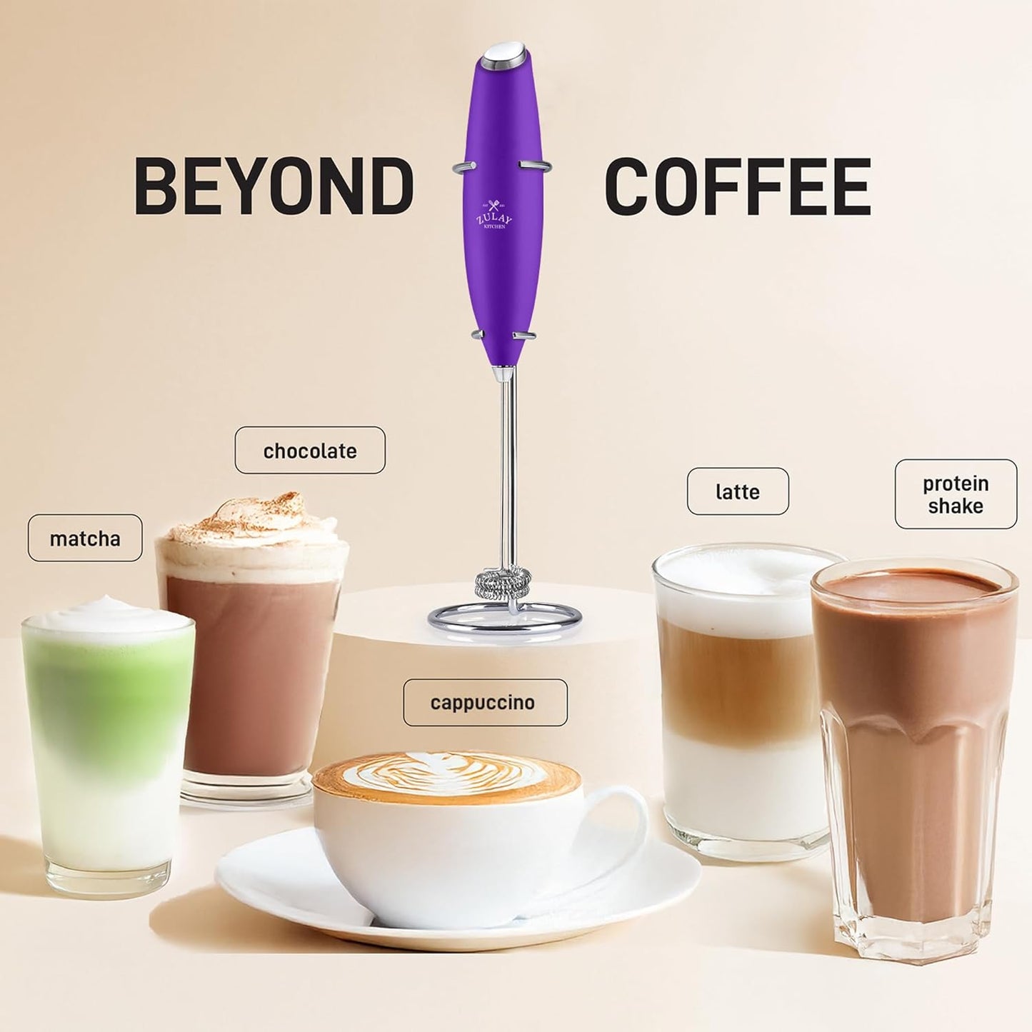 Zulay Kitchen Powerful Milk Frother Wand With Duracell Batteries - Ultra Fast Handheld Drink Mixer - Electric Whisk Foam Maker for Coffee, Lattes, Cappuccino & Matcha - Z1 Motor - Black - Colors C