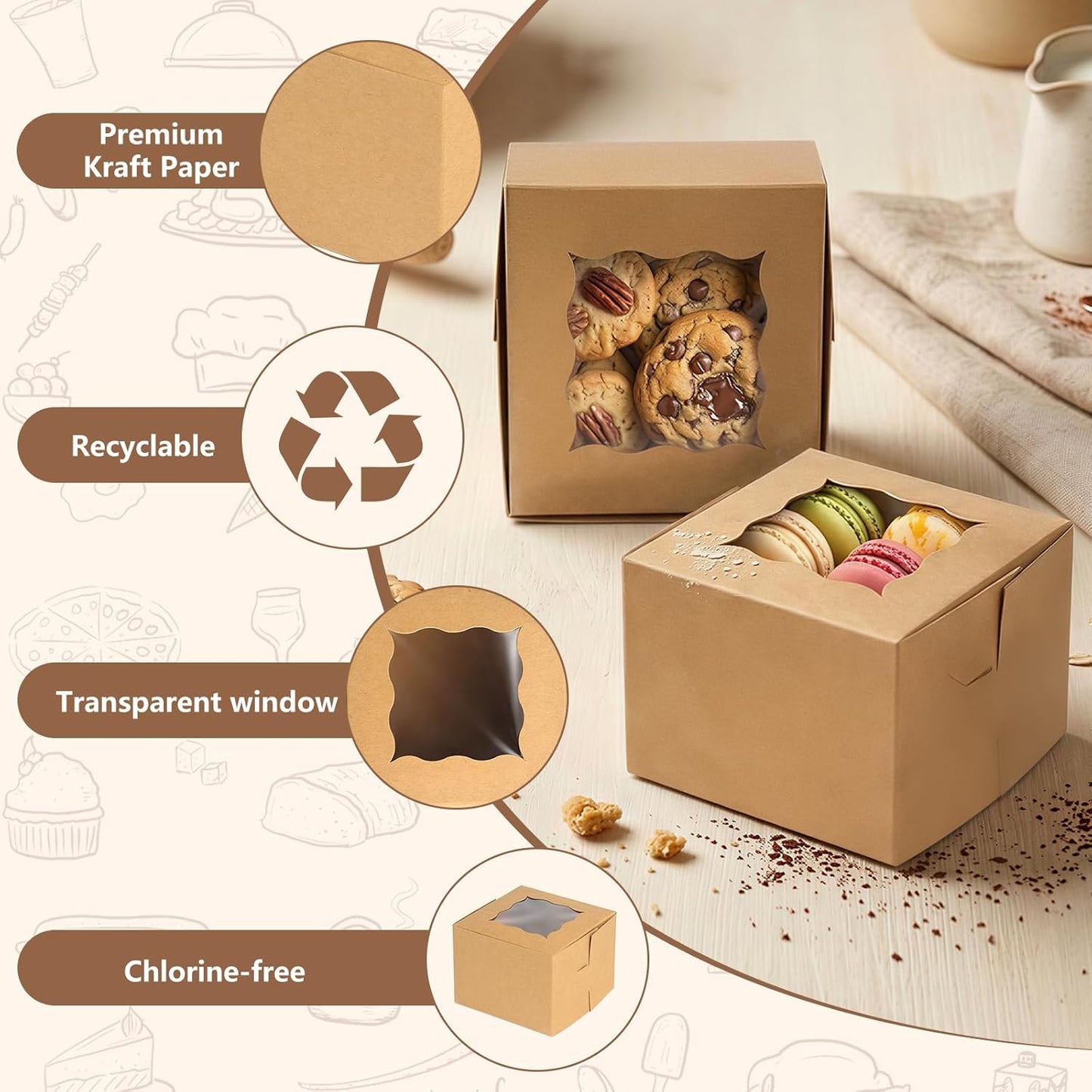 80 Pack Cookie Boxes with Window, 4x4x2.5 Inch Kraft Bakery Boxes for Treats, Desserts, Mini Cakes, Cookies, Pastries, Donuts, Macarons, Strawberries, Chocolate & Gift Giving (Brown, with Stickers)