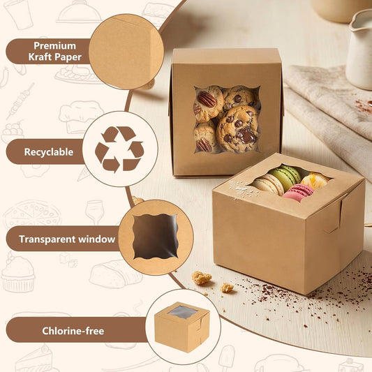 80 Pack Cookie Boxes with Window, 4x4x2.5 Inch Kraft Bakery Boxes for Treats, Desserts, Mini Cakes, Cookies, Pastries, Donuts, Macarons, Strawberries, Chocolate & Gift Giving (Brown, with Stickers)