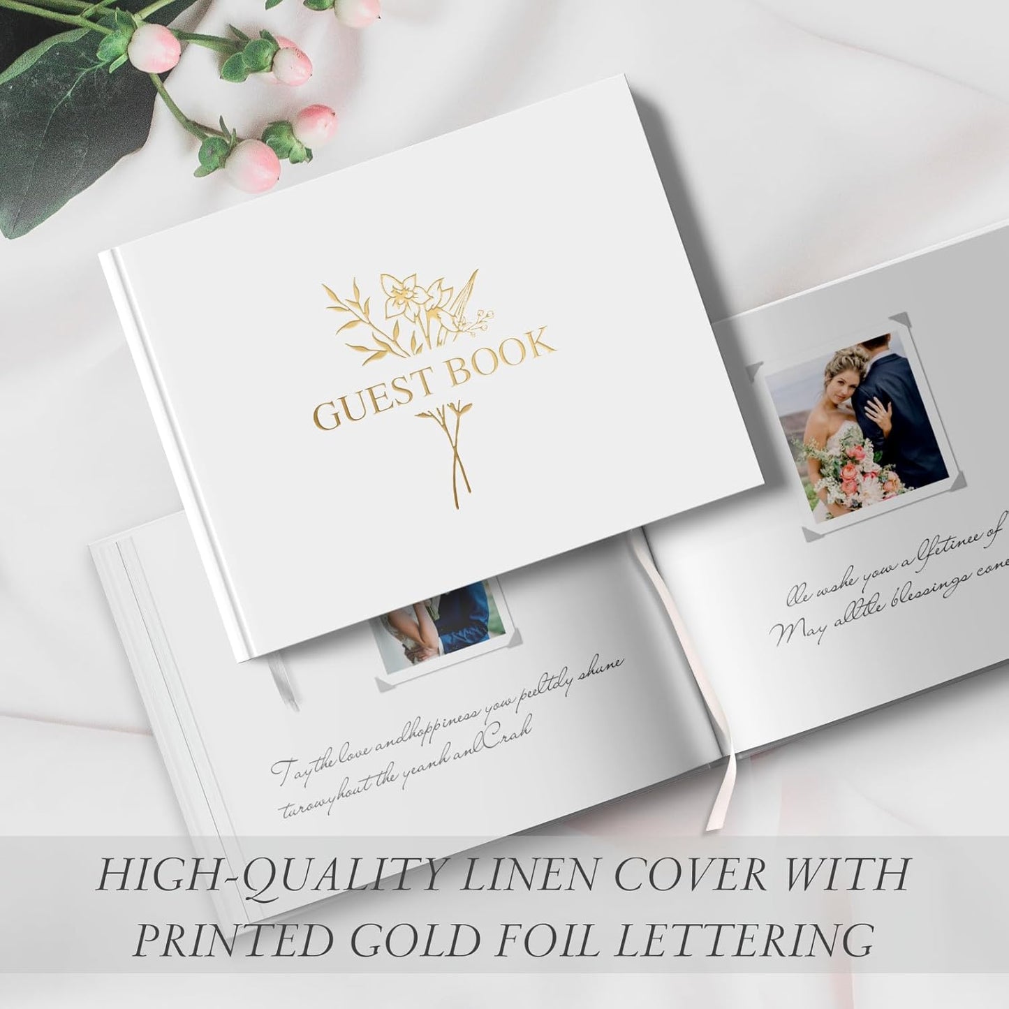 Wedding Guest Book for Memorial Service with 216 Photo Corners Stickers, Linen Guestbook to Sign at Bridal Shower or Wedding Reception Party,100 Pages, Blank Thick Paper Books for Baby Shower- Sage