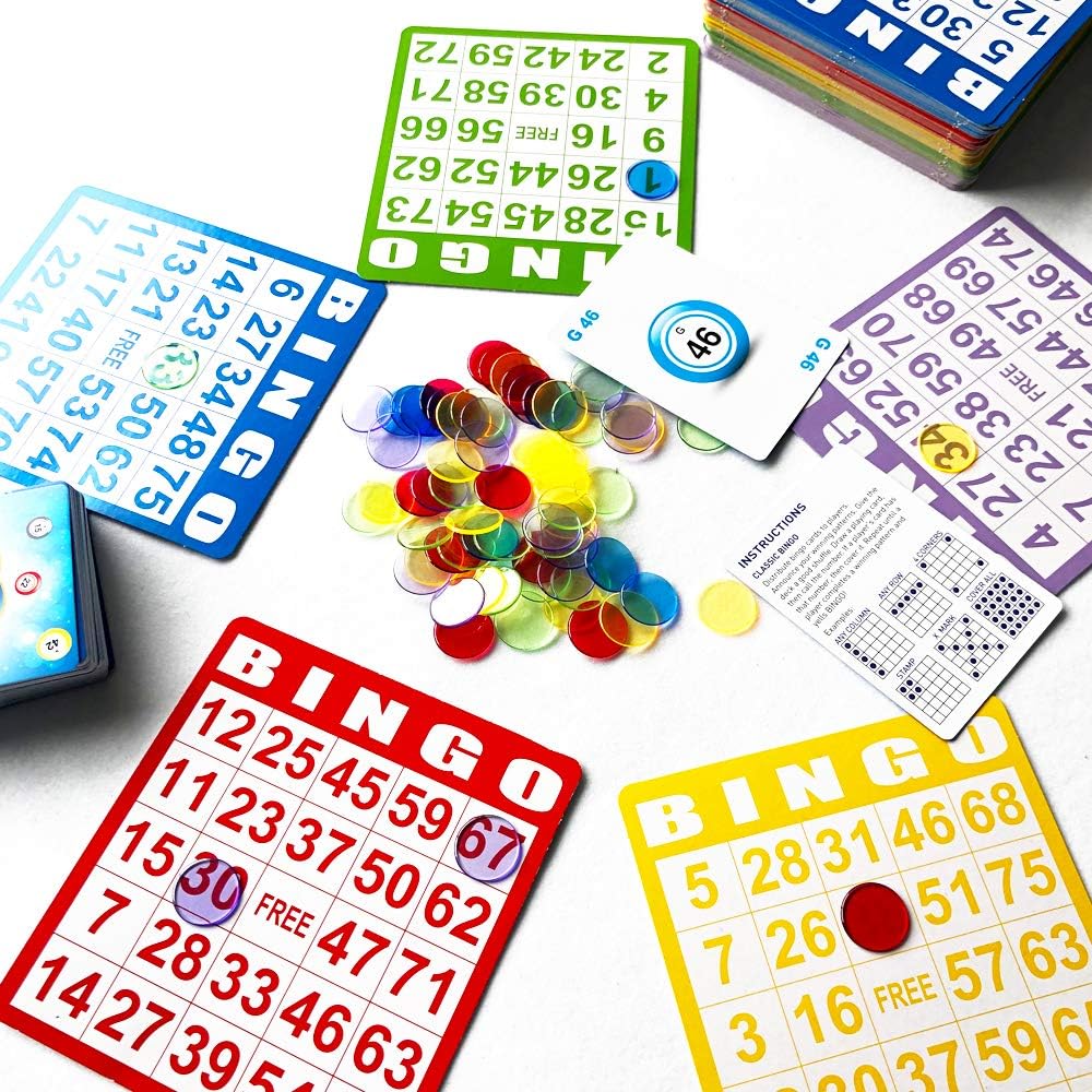 Yuanhe Bingo Cards Game Set - Includes 50 Bingo Cards,500 Colorful Transparent Bingo Chips and Deck of Calling Cards, Great for Adults Kids Family Game Nights, School Classroom Activity, Bingo Parites