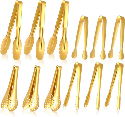 12 Pcs Gold Tongs for Serving Food Stainless Steel Small Gold Serving Tongs for Appetizer Tea Party Coffee Bar Food Ice Salad Barbecue Cookies Sugar, 4 Styles