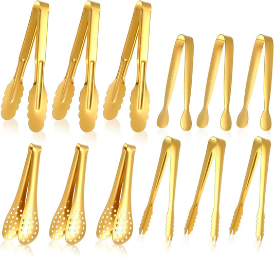 12 Pcs Gold Tongs for Serving Food Stainless Steel Small Gold Serving Tongs for Appetizer Tea Party Coffee Bar Food Ice Salad Barbecue Cookies Sugar, 4 Styles