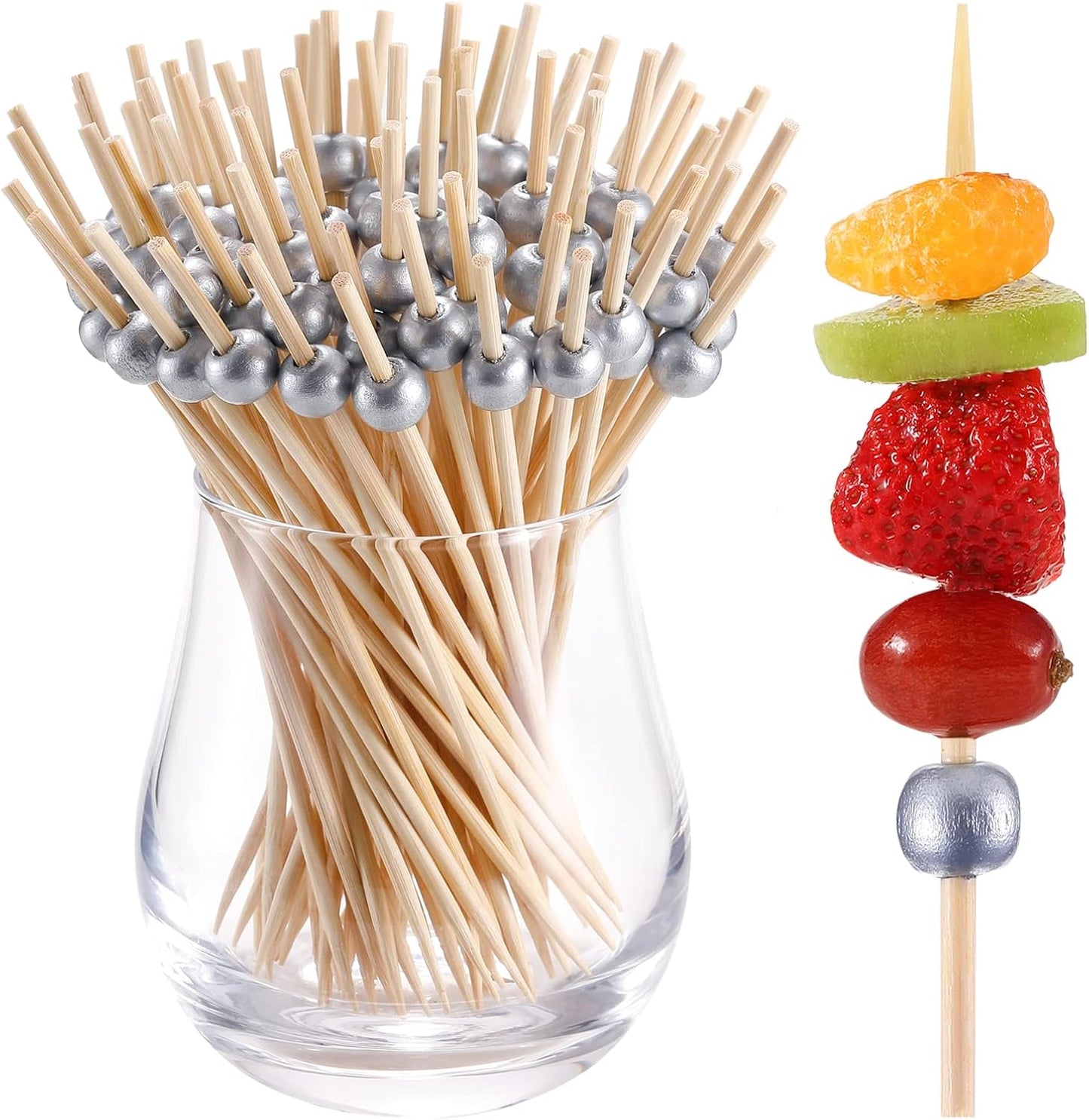 200 Pcs Cocktail Picks, 4.7 Inch Toothpicks for Appetizers, Bamboo Cocktail Sticks Skewers for Drinks, Desserts, Charcuterie, Wedding Party Fancy Toothpicks, Gold Pearl Mini Food Picks Decorative