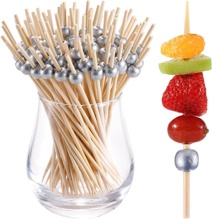 200 Pcs Cocktail Picks, 4.7 Inch Toothpicks for Appetizers, Bamboo Cocktail Sticks Skewers for Drinks, Desserts, Charcuterie, Wedding Party Fancy Toothpicks, Gold Pearl Mini Food Picks Decorative