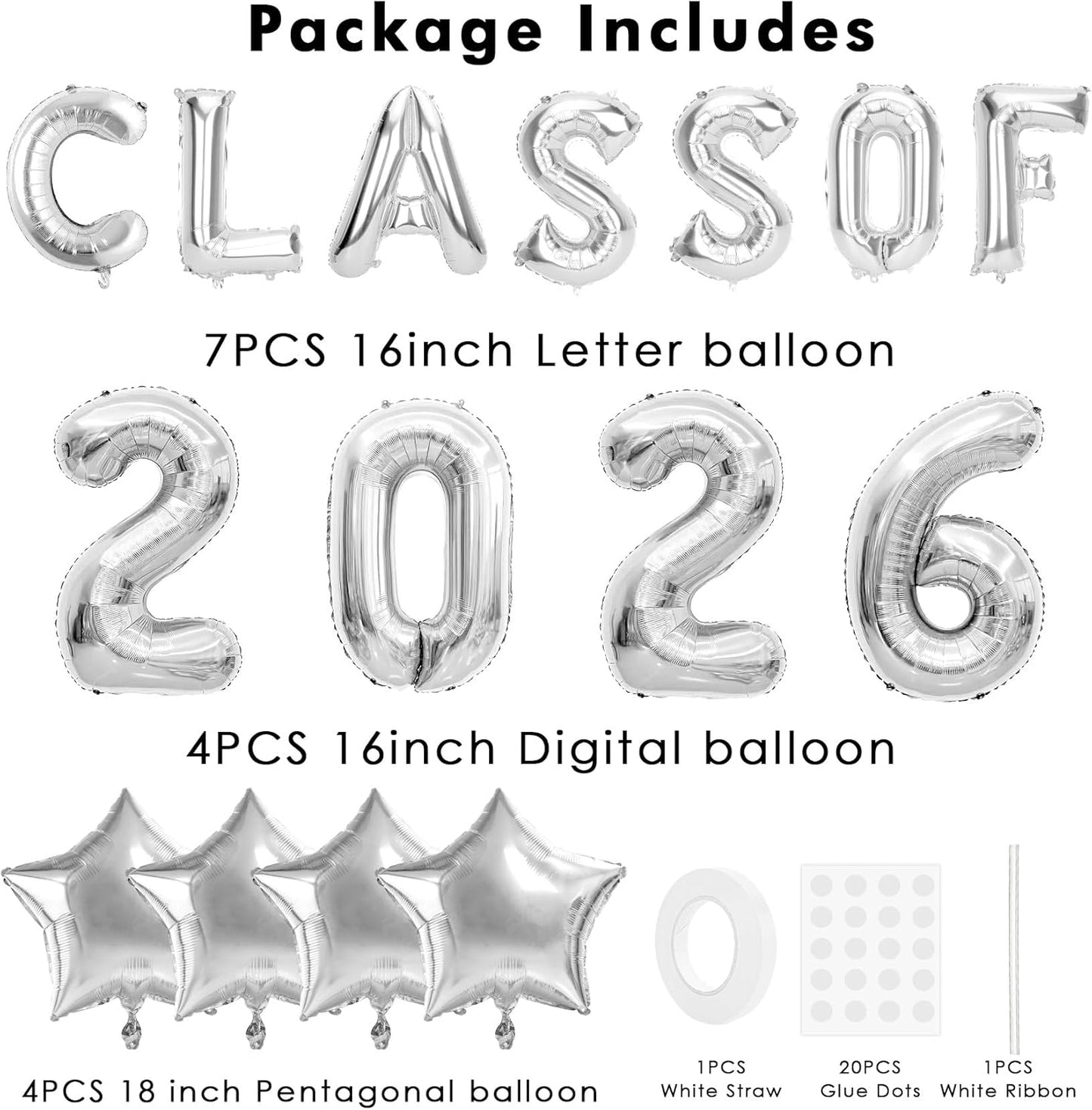 Graduation Balloons, Class of 2026 Balloons, 16Inch Gold Grad Class of 2026 Letters Foil Balloon Sign with Star Balloons, Class of 2026 Decorations for High School College Graduation Party Decorations