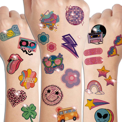 CHARLENT Glitter Groovy 70s Temporary Tattoos for Kids - 74 Individually Sheets Glitter Retro Flower Power, Smiley Decorations Tattoos Stickers for Boys Girls Party Supplies