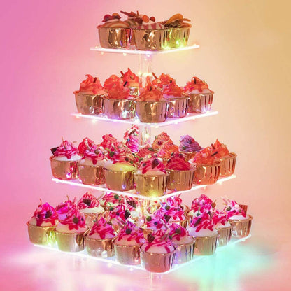 YestBuy Cupcake Stand with Yellow Led Lights, 4 Tier Cupcake Stand for 50 Cupcakes, Acrylic Cupcake Tower Stand, Clear Tiered Cupcake Holder for Birthday Cady Bar Décor Weddings, Parties Events