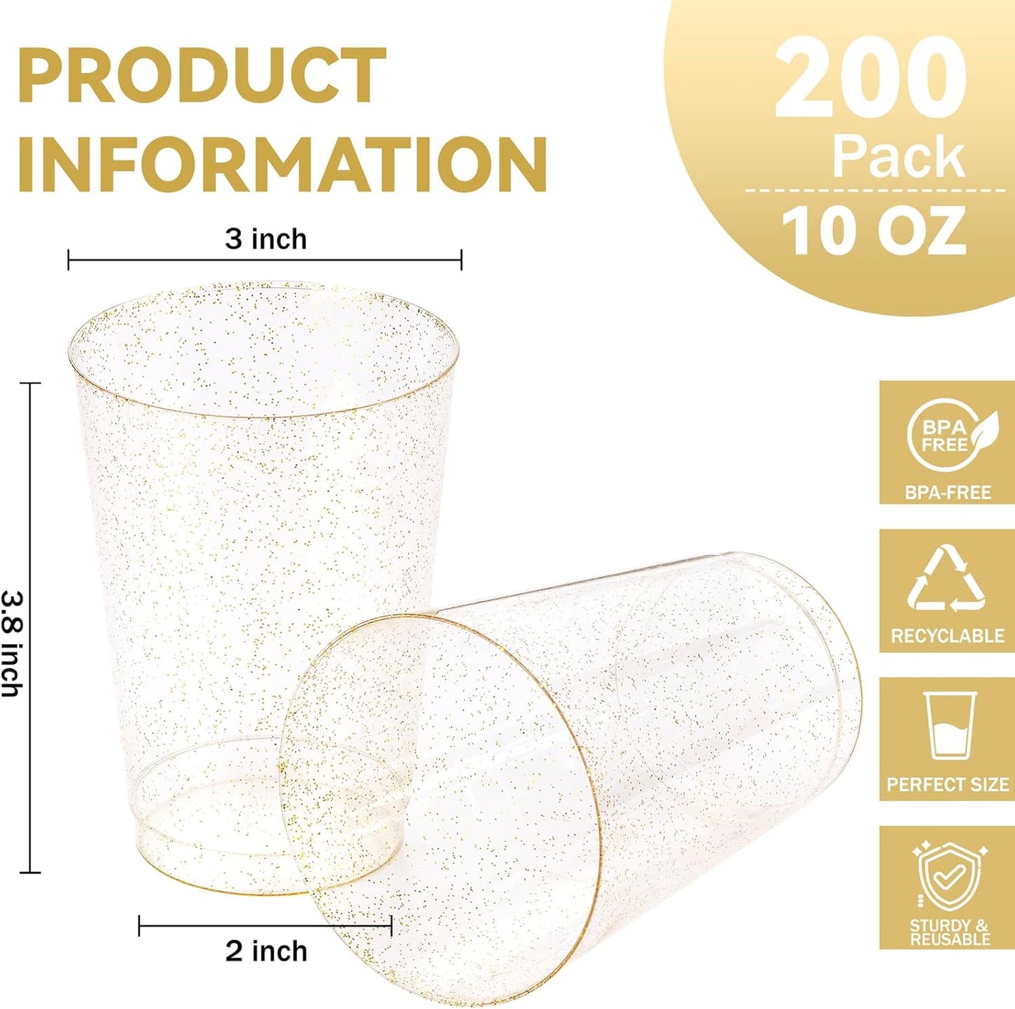 supernal 100pcs Gold Plastic Cups 12 oz, Glitter Clear Disposable Cups Heavy Duty, Fancy Plastic Cocktail Tumblers for Wedding, Parties Champagne & Mixed Drinks