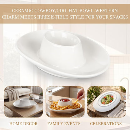 Cowboy Hat Chip and Dip Bowl Small Ceramic Chips and Salsa Serving Dish 2 Ways Serve 9 x 6 x 2.6'' for Salsa Fries Veggies Fruit Minimalist Decoration Mother's Day Hostess Housewarming Gift