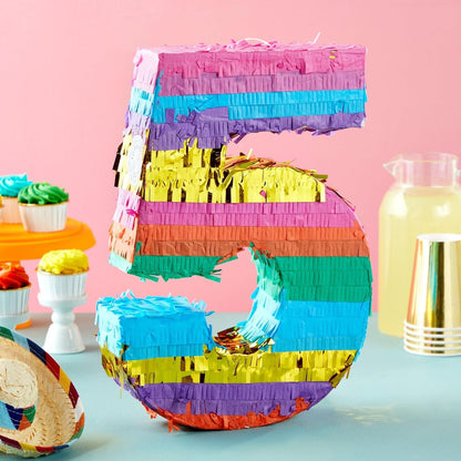 BLUE PANDA Rainbow Number 6 Pinata - Sturdy Corrugated Build & Easy Hang for Fiesta Party - Candy Filled 6th Birthday Party Surprise - Vibrant Tie-Dye Items for Kids - Small (16.5x11x3 In), Blue/White