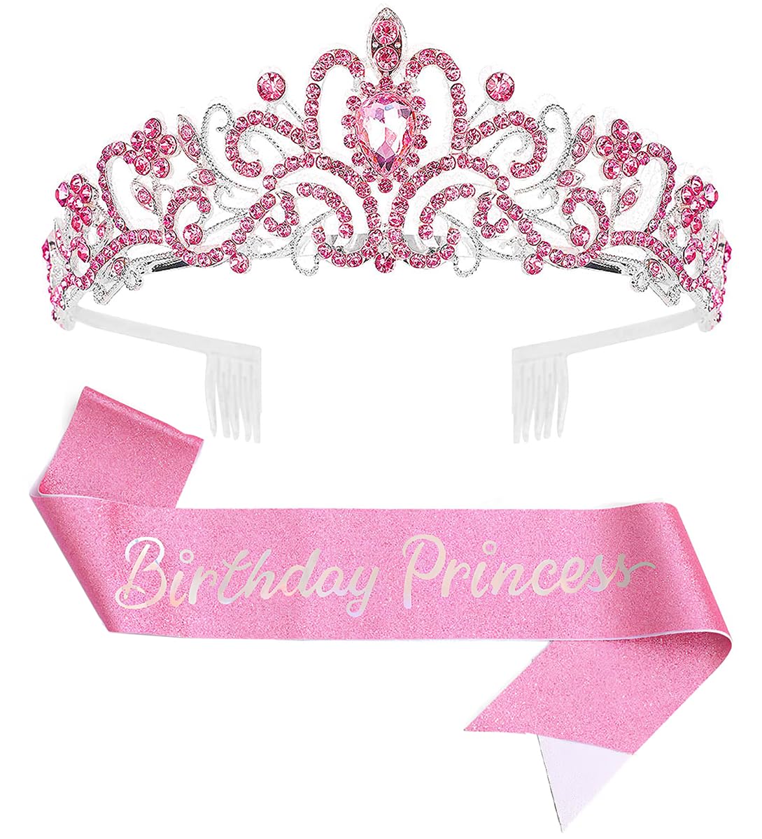 Birthday Tiara Crown with Sash for Women, Headband Hair Accessories for Wedding Party Costume