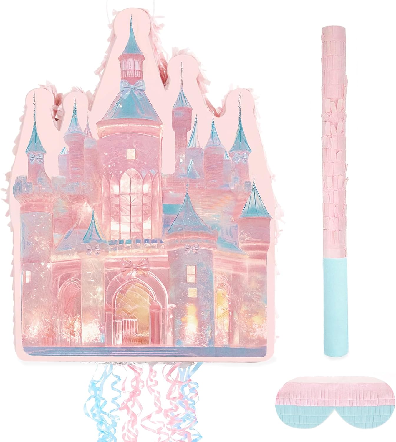 Princess Castle Pinata Set - Coquette Pink Castle Pull String Piñata with Blindfold and Stick for Girls Princess Themed Birthday Party Decorations, Winter Fairy Piñata (16.5 x12.4'')