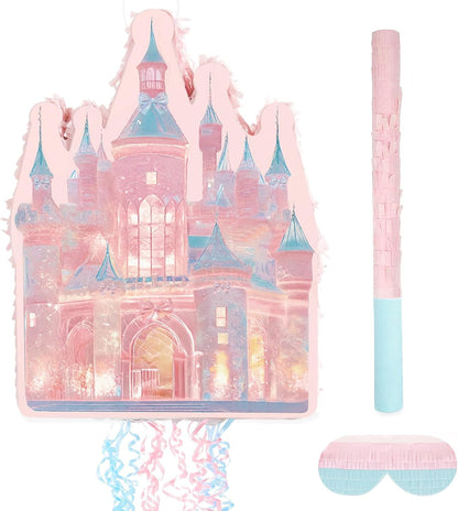 Princess Castle Pinata Set - Coquette Pink Castle Pull String Piñata with Blindfold and Stick for Girls Princess Themed Birthday Party Decorations, Winter Fairy Piñata (16.5 x12.4'')