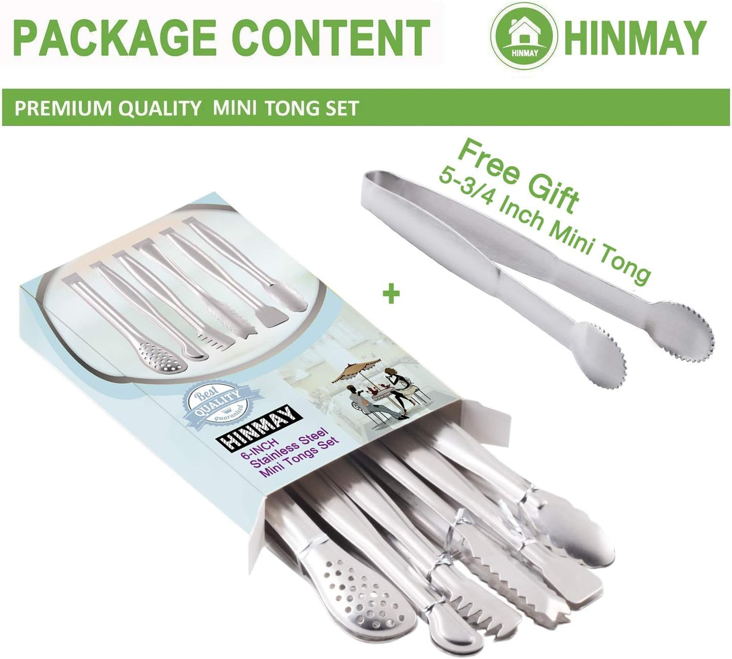 HINMAY Gold Plated Mini Serving Tongs Set 6-Inch Appetizers Tongs Stainless Steel Small Sugar Cube Tongs Ice Tongs, Set of 6