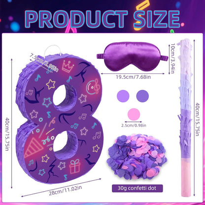 Musical Note Birthday Decorations, 15.7 x 11.5 x 3 Inch Purple Musical Note Number 7 Pinata with 16 Inch Piñata Stick Blindfold Confetti for 7th Music Theme Birthday Party Supplie