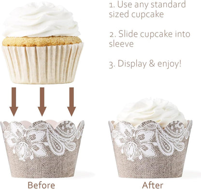 Burlap and Lace Cupcake Wrappers, 48 Count - Rustic Birch and Wood Grain Design, Burlap Cupcake Wrappers for Weddings and Parties by Pretty Cute Studios