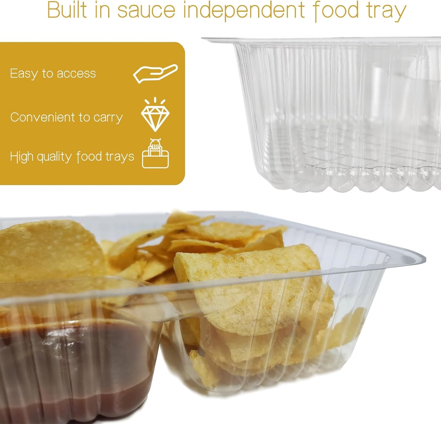 50 PC Nacho Trays Disposable, 12oz Plastic Nacho Containers with Chip and Dip Holder, 6x5 In 2 Compartments Clear Snack Trays for Kids,Parties, Movie Night Supplies (Plastic-50pc)