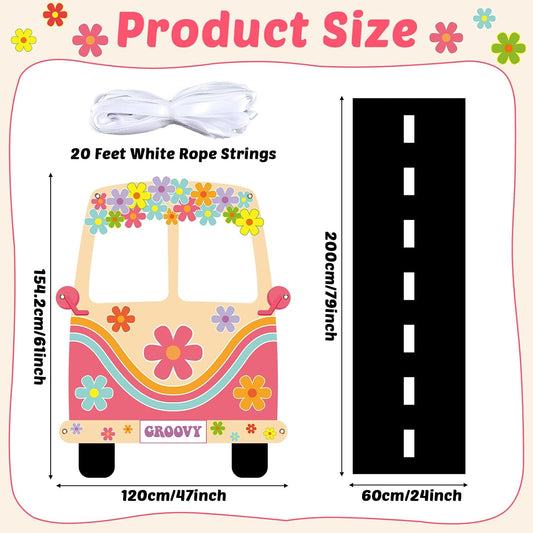 2 Pcs Hippie Bus Photo Booth Prop Road Floor Runner Set 60s 70s Retro Groovy Van Prop Large Fabric 1960s Hippie Selfie Frame Backdrop Background Banner for Daisy Birthday Party Decoration 61x47 Inch