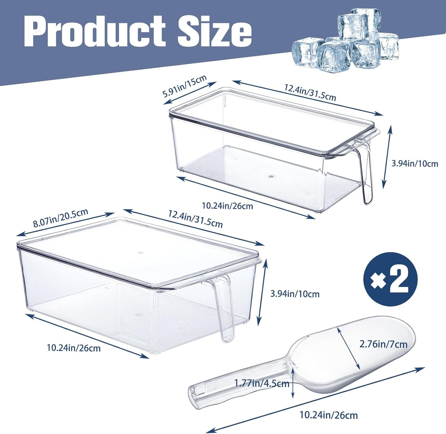 Havawish 4 Pcs Ice Storage Bin for Freezer with Lid and Flexible Scoop Set Plastic Ice Container with Lid Handle for Home Office Fridge Storage (12.4 x 8.07 x 3.94 Inches,Clear)