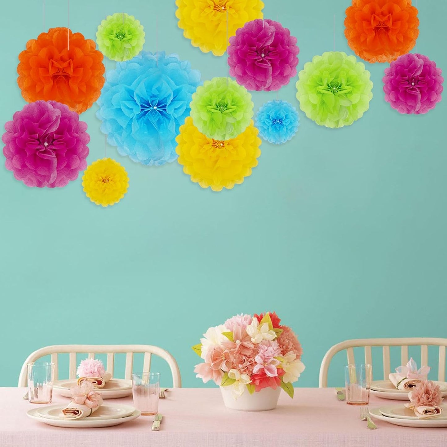 Tissue Paper Pom Poms, Pink Tissue Paper Flowers, Hanging Flower Balls for Weddings Fiesta Parties Birthday Baby Showers Classroom Bridal Shower Decoration (18Piece Set-6/10/12/14Inch)