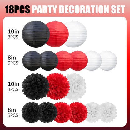 18 PCS Tissue Paper Pom Poms, Tissue Pom Poms Flowers, Sizes of 6", 10", 12", 14" Hanging Paper Flower Ball for Wedding, Birthday, Halloween, Christmas, Baby Shower Party Decor (Red Black Gold)