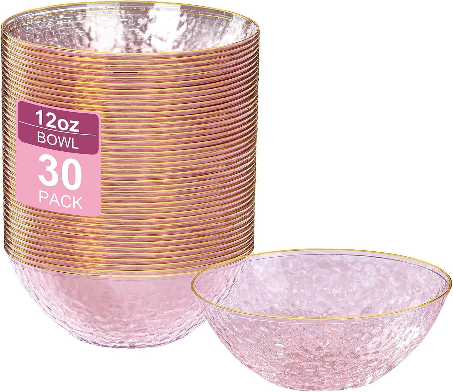 I00000 30 Pack 12 Ounce Pink Plastic Bowls Hammered Clear Bowl with Gold Rimmed, Heavy Duty Disposable Bowl Set,Elegant Salad/Dessert/Ice Cream Small Bowls for Party Weddings