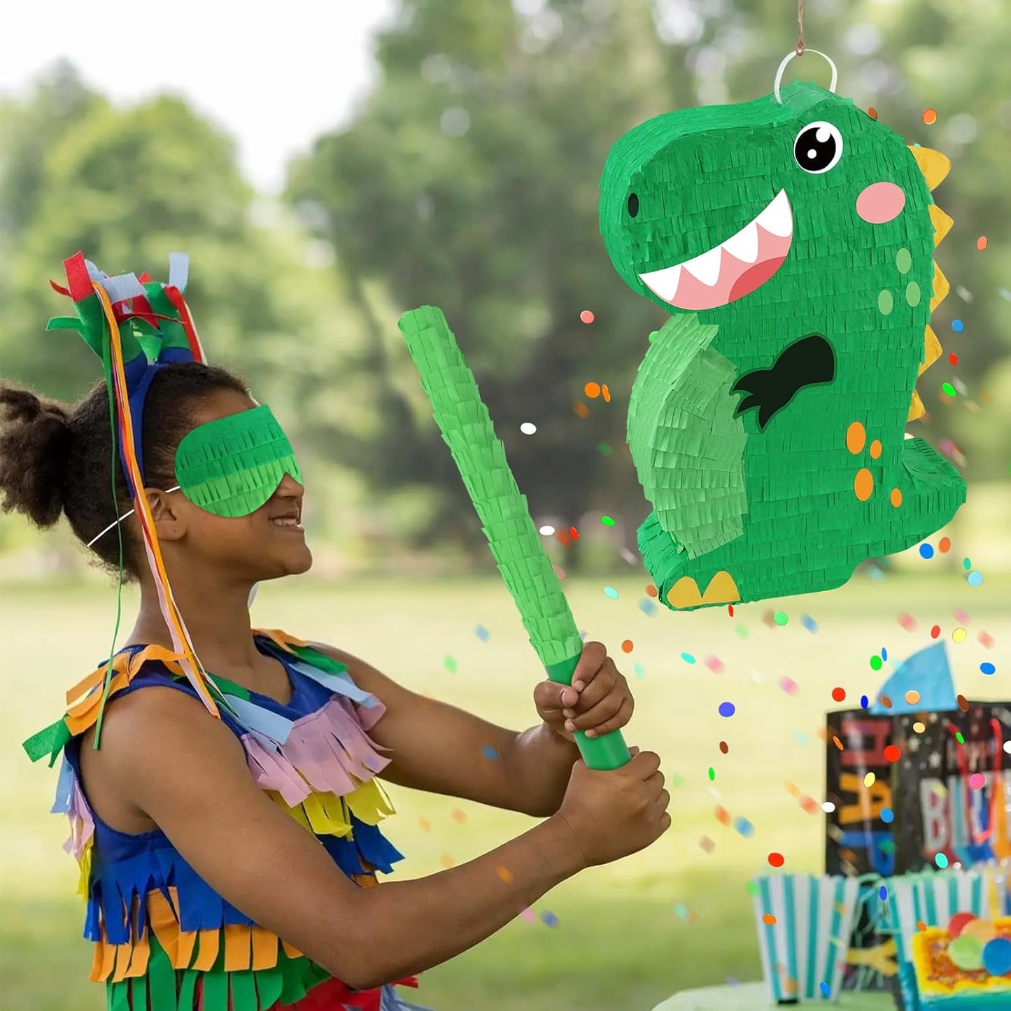 Dinosaur Pinata - Dinosaur Decorations with a Blindfold and Bat for Boys Girls Animal Themed Birthday Party Kids Classroom Game Decorations Supplies (15.7 x 11.4 x 3.1 Inches)