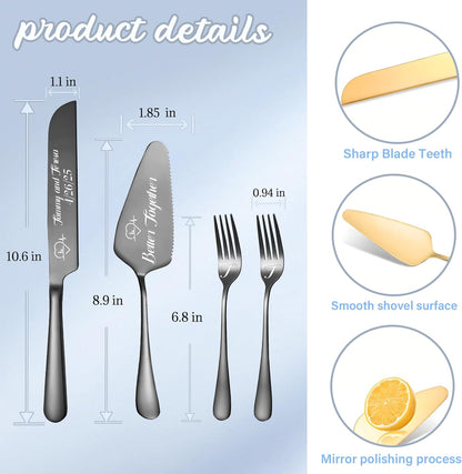 Personalized Wedding Cake Knife and Server Set, Wedding Gold Cake Cutting Set with Stainless Steel Forks, Customized Bridal Anniversary Birthday Wedding Registry Gifts for Couple (Non-customized)