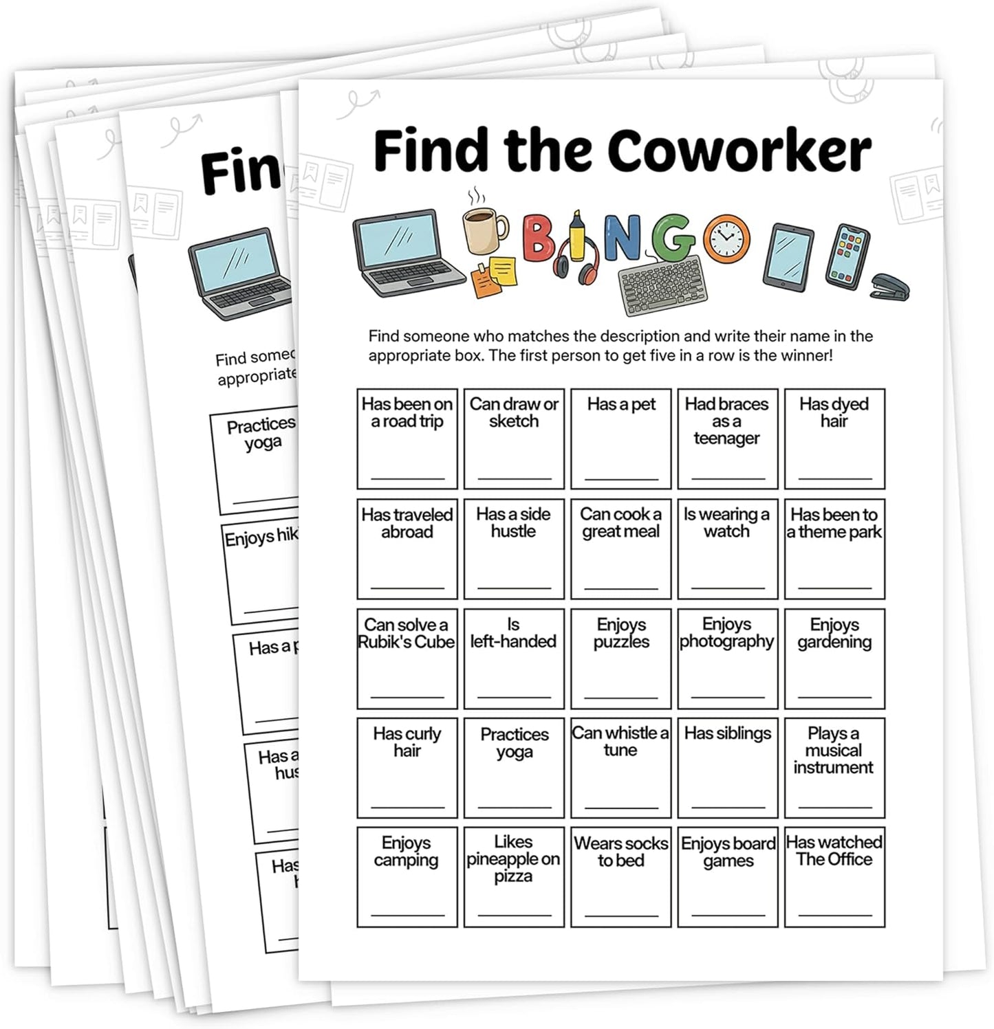 Team Building Games for Work Adults – Find Someone Who Bingo Game, 25 Unique Human Bingo Cards 5x7 Inch, Ice Breaker & Office Games for Parties, Meetings & Events - A05