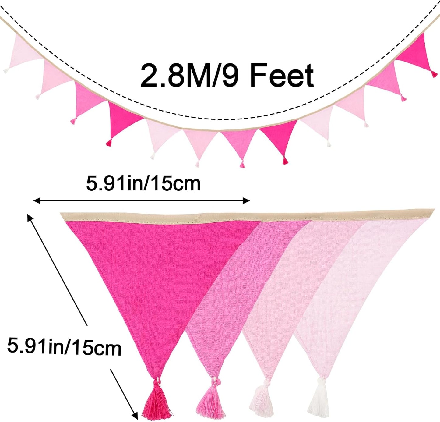 G2PLUS Cotton Fabric Bunting Banner, 9Ft Green Triangle Pennant Banner Flag, 12pcs Double-Sided Bunting Garland with Tassels for Birthday, Nursery, Baby Shower, Classroom Hanging Decor